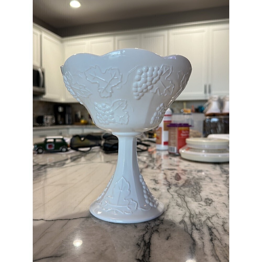 Vtg Harvest Colony Grape Pedestal Milk Glass Compote Bowl No Lid 7 1/2” X 7